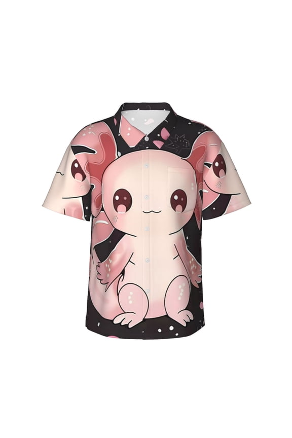 Cute Axolotl Sakura Blossoms Print Mens Hawaiian Shirts,Loose-Fit Short Sleeve Button Down Tropical Aloha Beach Shirt,Summer Vacation Wedding Tops,Small