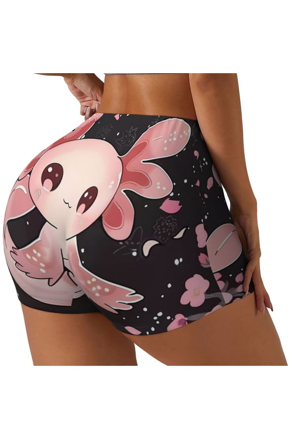 Cute Axolotl Sakura Blossoms Print Women's Biker Shorts,Workout Gym Shorts,Scrunch Shorts,Tummy Control Hidden Scrunch Running Yoga Shorts-Medium