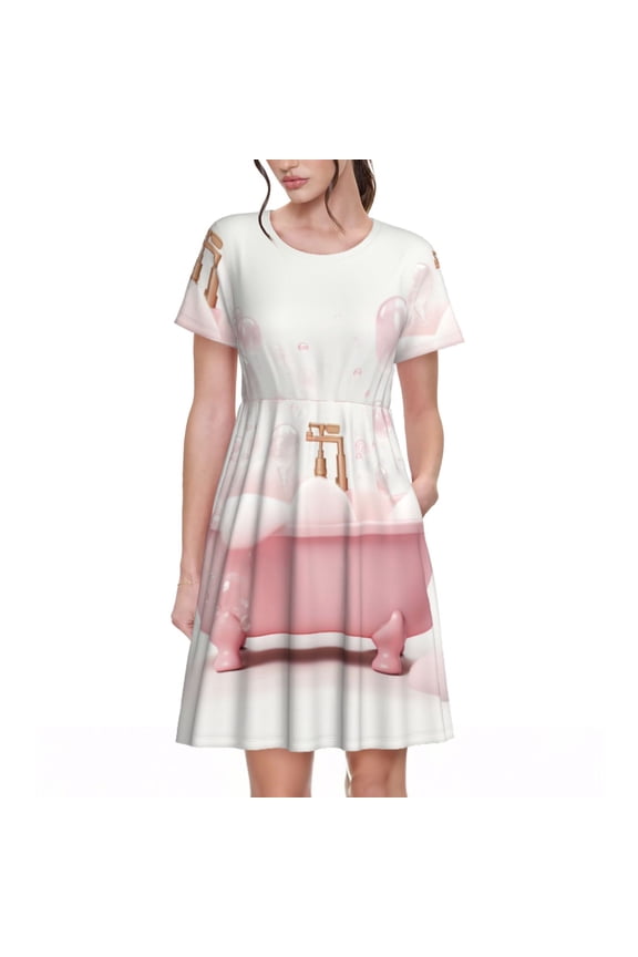 Cute Bathtub Print Womens Summer Dress,Casual Short Sleeve Sundresses,Beach A-line Shift Dress with Pockets