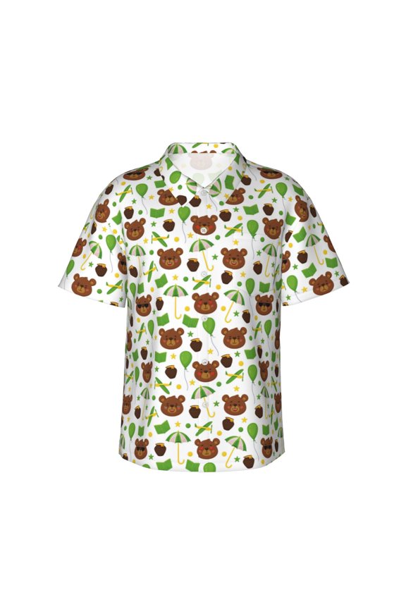Cute Bear Print Mens Hawaiian Shirts,Loose-Fit Short Sleeve Button Down Tropical Aloha Beach Shirt,Summer Vacation Wedding Tops,3X-Large