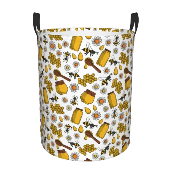 Logiee Cute Bee Print Laundry Hamper,Dirty Clothes Hamper Storage Basket for Bathroom Bedrooms College Dorm, Circular Hamper with Handles,Collapsible Laundry Baskets-Medium