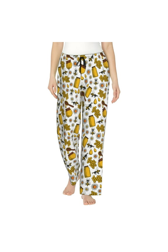 Cute Bee Print Women Pajama Pants,Comfy Pj Bottom with Pockets & Drawstring,Stretch Casual Sleepwear-Medium