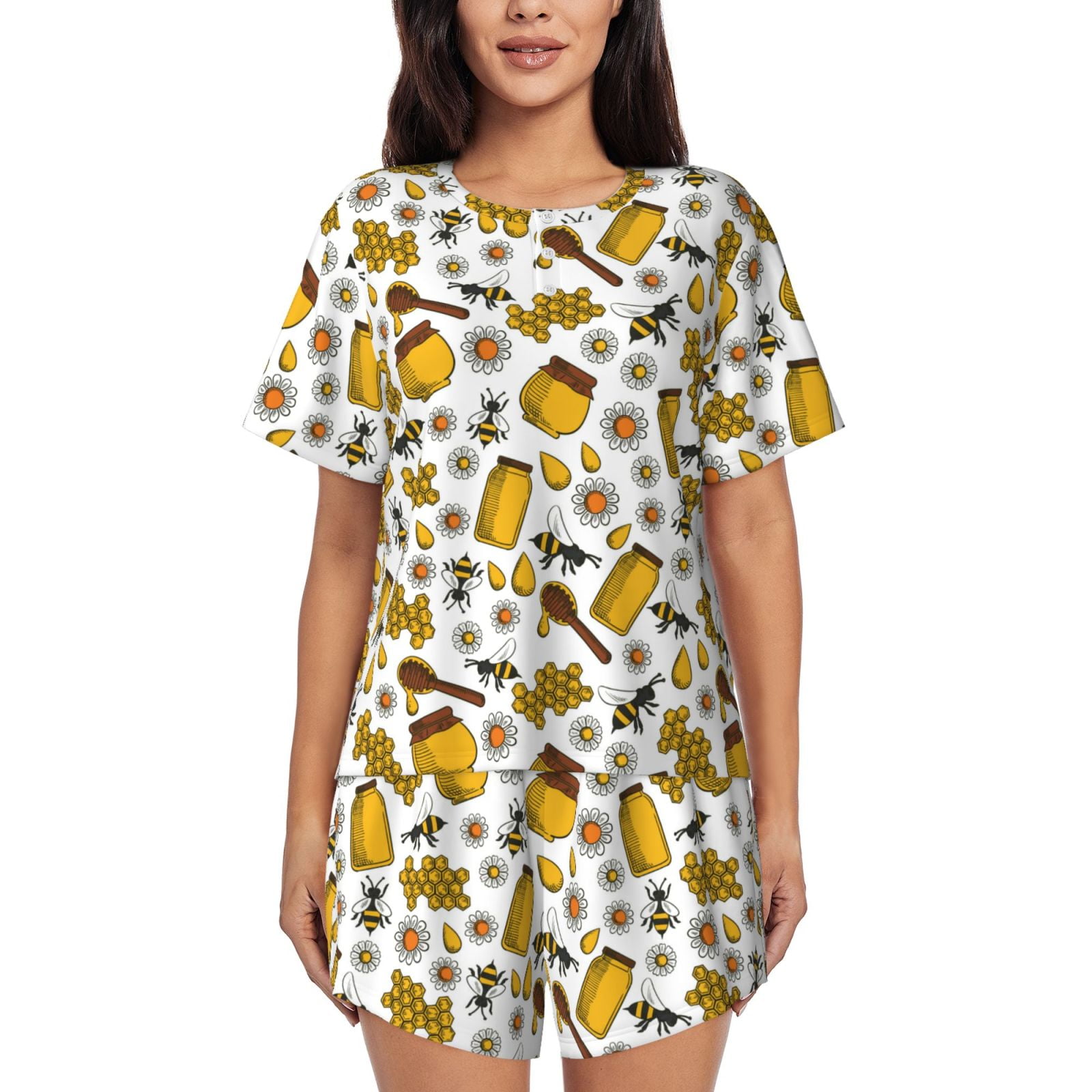 Logiee Cute Bee Print Womens Pajamas Set,Short-Sleeve Pajama 2 Piece ...