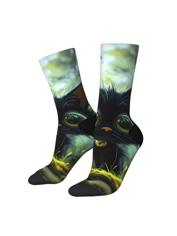 Cute Big-Eyed Black Cat Print Adult Socks for Men & Women,Calf Socks, Ankle Socks,Boots Socks,Breathable Casual Sock,Unisex Crew Socks