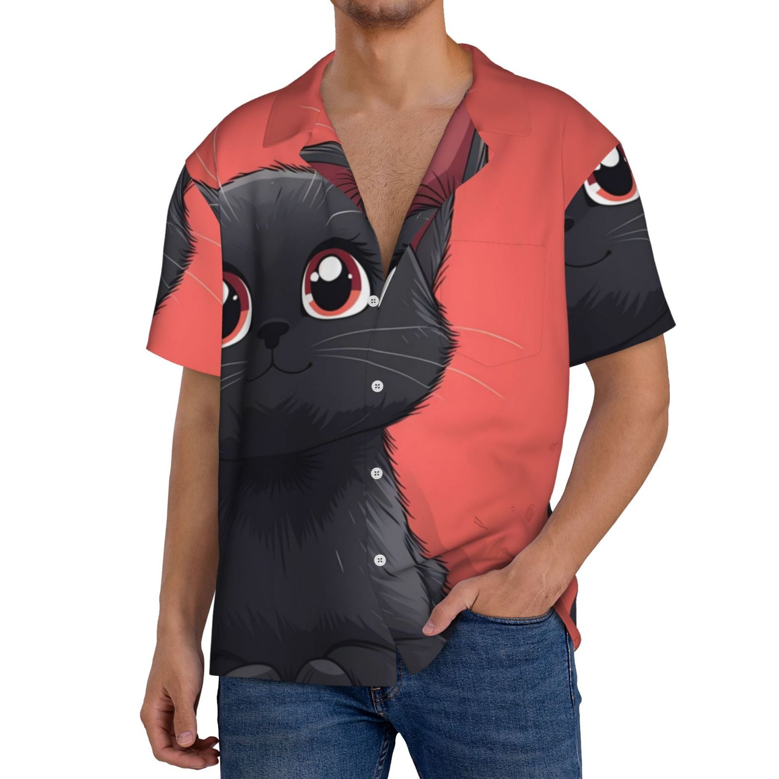 Cute Black Cat Print Men's Short Sleeve Shirt