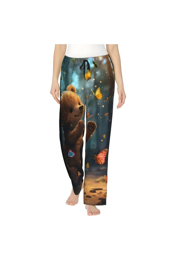 Cute Butterfly Bear Print Women Pajama Pants,Comfy Pj Bottom with Pockets & Drawstring,Stretch Casual Sleepwear-Large