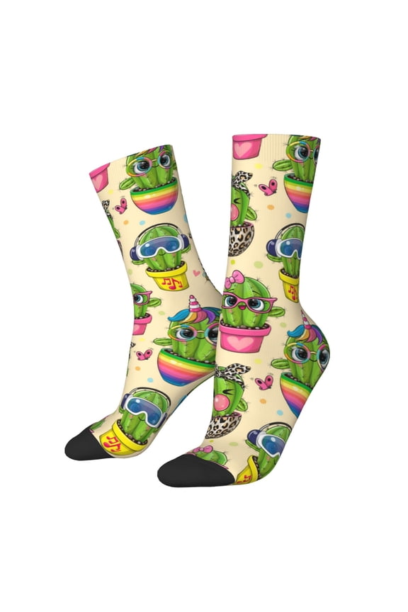 Cute Cartoon Cactus Print Adult Socks for Men & Women,Calf Socks, Ankle Socks,Boots Socks,Breathable Casual Sock,Unisex Crew Socks
