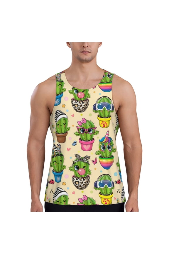 Cute Cartoon Cactus Print Men's Workout Tank Top,Quick Dry Workout Tank Top,Gym Muscle Tee,Fitness Bodybuilding Sleeveless T Shirt-