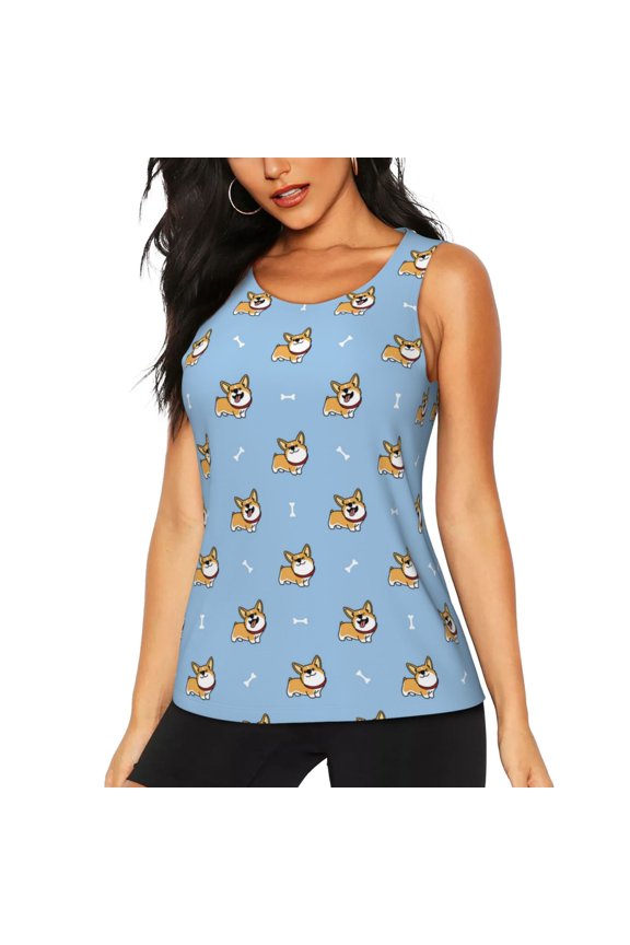 Cute Cartoon Corgi Print Women's Workout Tank Top, Dry Fit Summer Tank Top,Gym Yoga Workout Sports Tee,Sleeveless Athletic Shirts-XX-Large