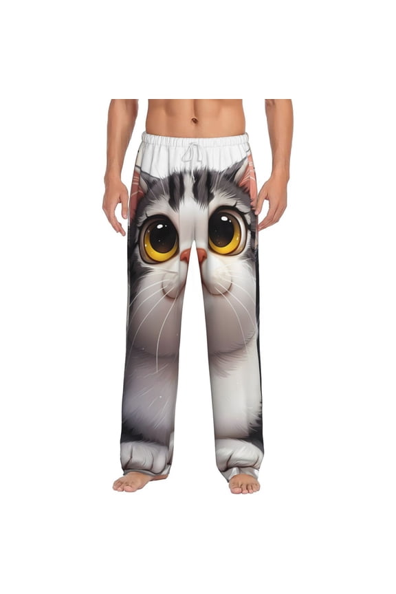 Cute Cartoon Kitten Print Pajama Pants for Men,Men’s Pajama Bottoms,Mens PJ Pants with Pockets & Button Fly-XX-Large
