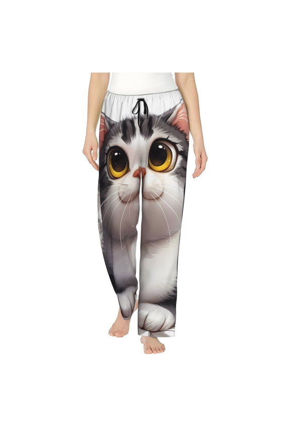 Cute Cartoon Kitten Print Women Pajama Pants,Comfy Pj Bottom with Pockets & Drawstring,Stretch Casual Sleepwear-X-Large