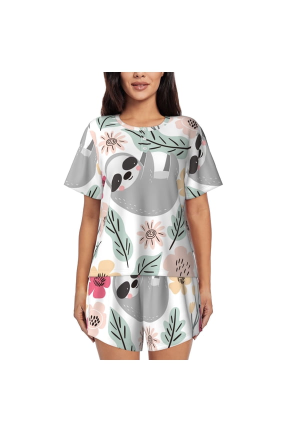 Cute Cartoon Sloth Print Womens Pajamas Set,Short-Sleeve Pajama 2 Piece Sleepwear with Pockets-Medium