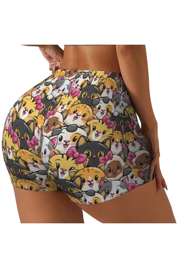 Cute Cat Cartoon Print Women's Biker Shorts,Workout Gym Shorts,Scrunch Shorts,Tummy Control Hidden Scrunch Running Yoga Shorts-X-Large