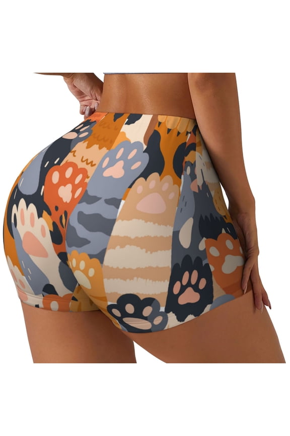 Cute Cat Paw Print Women's Biker Shorts,Workout Gym Shorts,Scrunch Shorts,Tummy Control Hidden Scrunch Running Yoga Shorts-Medium