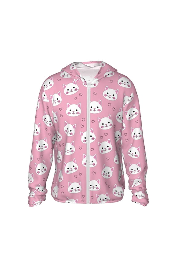 Cute Cat Print Men's Women Light Jacket Full Zip Sun Protection Hoodie Long Sleeve Sun Shirts for Men Hiking Fishing Zip Pockets-X-Large