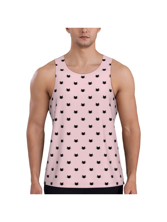 Cute Cat Print Men's Workout Tank Top,Quick Dry Workout Tank Top,Gym Muscle Tee,Fitness Bodybuilding Sleeveless T Shirt-Large