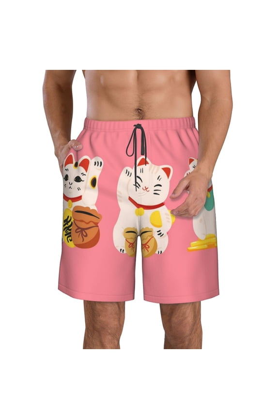 Cute Cat Print Mens Swim Trunks Quick Dry Board Shorts,Breathable Hawaii Beach Shorts Swimwear Bathing Suits-Small