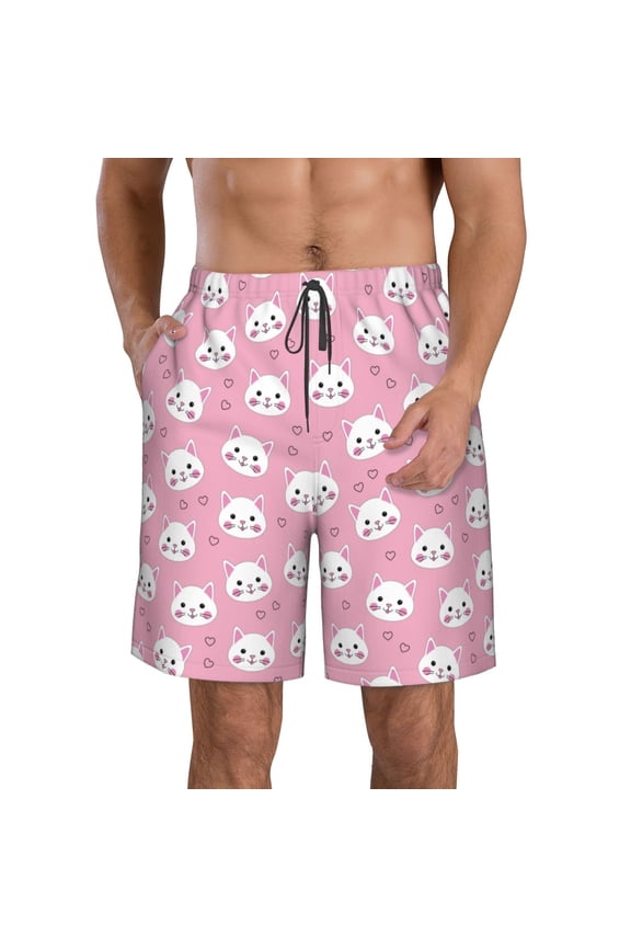 Cute Cat Print Mens Swim Trunks Quick Dry Board Shorts,Breathable Hawaii Beach Shorts Swimwear Bathing Suits-