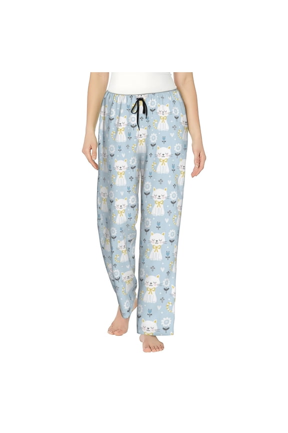 Cute Cat Print Women Pajama Pants,Comfy Pj Bottom with Pockets & Drawstring,Stretch Casual Sleepwear-Small