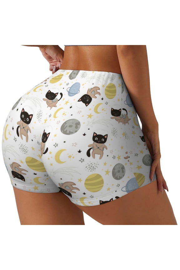 Cute Cat Print Women's Biker Shorts,Workout Gym Shorts,Scrunch Shorts,Tummy Control Hidden Scrunch Running Yoga Shorts-X-Large