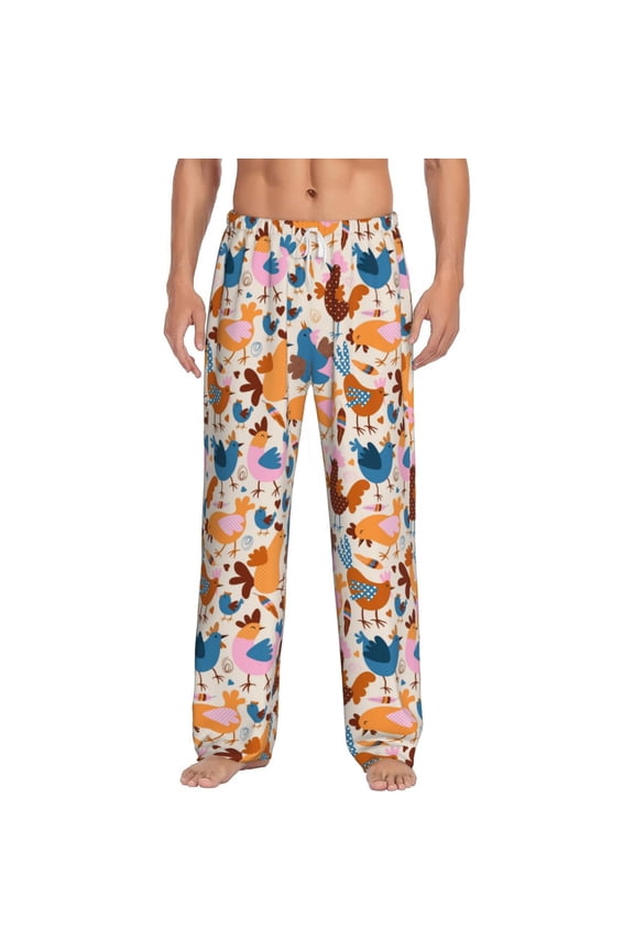 Cute Chickens Print Pajama Pants for Men,Men’s Pajama Bottoms,Mens PJ Pants with Pockets & Button Fly-Large