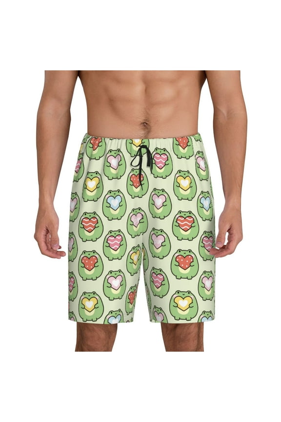 Cute Chubby Frog Print Men's Pajama Shorts with Drawstring & Pockets,Sleep Shorts for Men,Sleepwear Bottoms,Elastic Waistband Loungewear-Medium
