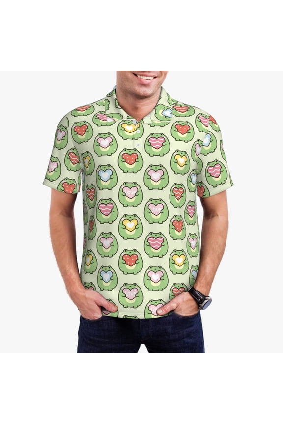 Cute Chubby Frog Print Mens Polo Shirts,Mens Golf Polo Shirts,Short Sleeve Casual Polo Shirts for Men,Summer Fashion Beach Shirts-Small