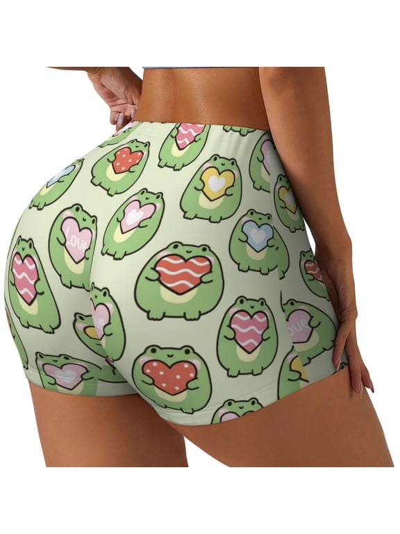 Cute Chubby Frog Print Women's Biker Shorts,Workout Gym Shorts,Scrunch Shorts,Tummy Control Hidden Scrunch Running Yoga Shorts-Large