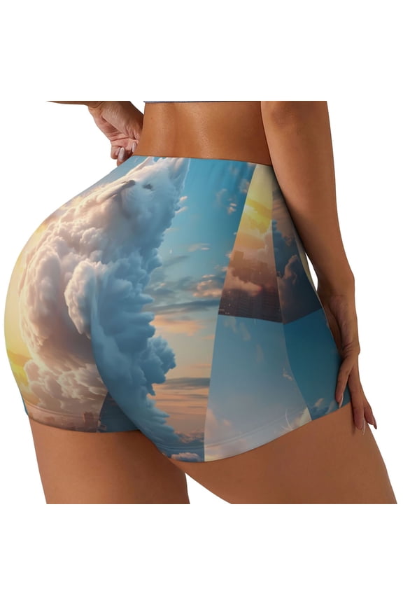 Cute Cloud Cat Print Women's Biker Shorts,Workout Gym Shorts,Scrunch Shorts,Tummy Control Hidden Scrunch Running Yoga Shorts-Medium