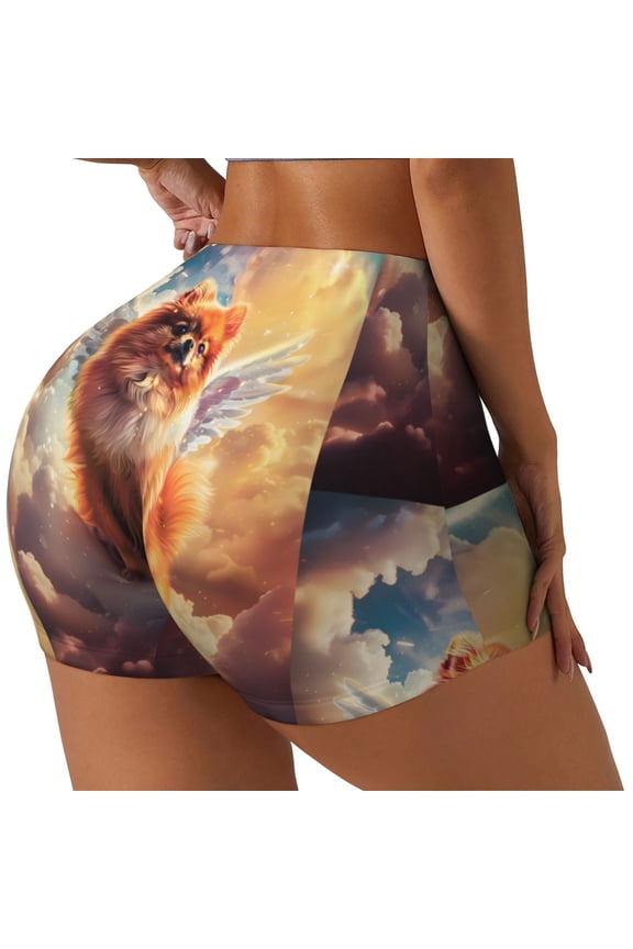 Cute Cloud Pomeranian Print Women's Biker Shorts,Workout Gym Shorts,Scrunch Shorts,Tummy Control Hidden Scrunch Running Yoga Shorts-XX-Large