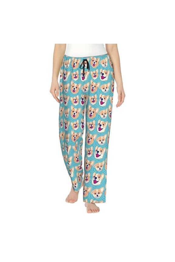 Cute Corgi Head Print Women Pajama Pants,Comfy Pj Bottom with Pockets & Drawstring,Stretch Casual Sleepwear-Small