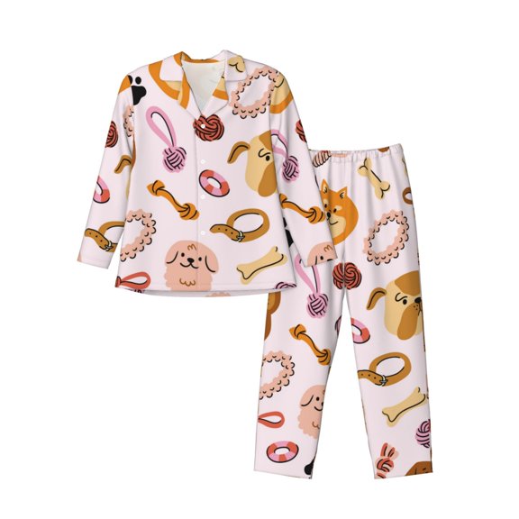 Logiee Cute Dog Print Mens Long Sleeve Pajama Set,Notched Collar Pajamas for Men, Men's Sleepwear,Mens Sleepwear with Pockets & Button Down-Medium