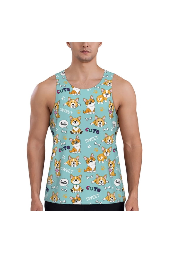 Cute Dogs Corgi Print Men's Workout Tank Top,Quick Dry Workout Tank Top,Gym Muscle Tee,Fitness Bodybuilding Sleeveless T Shirt-Large