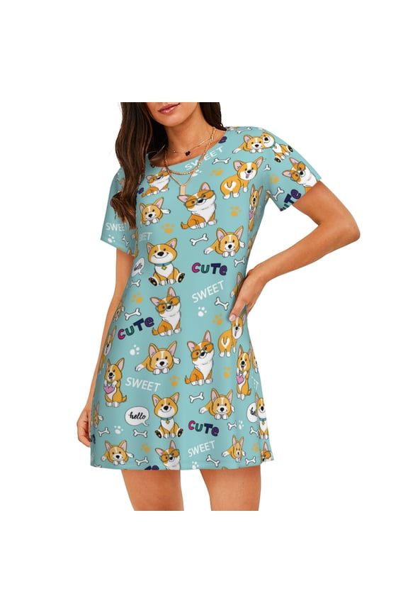 Cute Dogs Corgi Print Nightgowns for Women,Soft Short-Sleeved Lightweight Sleepwear, Loose Sleepshirts