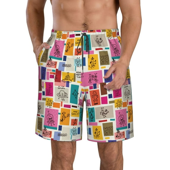 Logiee Cute Doodles Print Mens Swim Trunks Quick Dry Board Shorts,Breathable Hawaii Beach Shorts Swimwear Bathing Suits-XX-Large