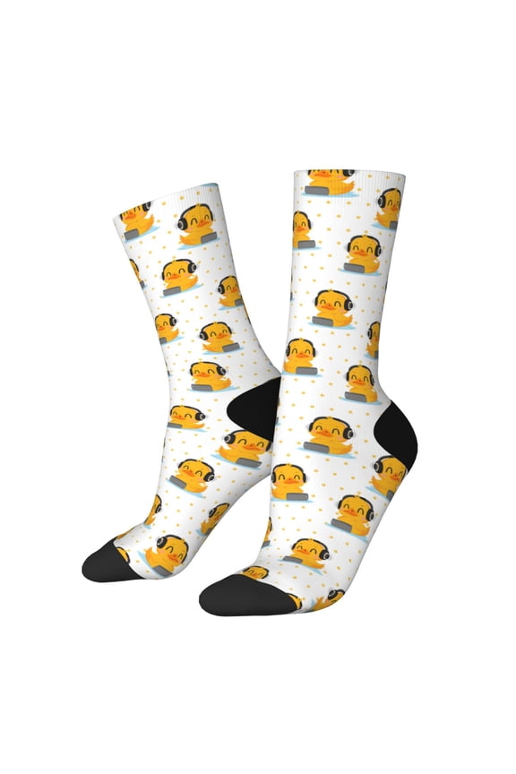Cute Duck With Headphone Print Adult Socks for Men & Women,Calf Socks, Ankle Socks,Boots Socks,Breathable Casual Sock,Unisex Crew Socks