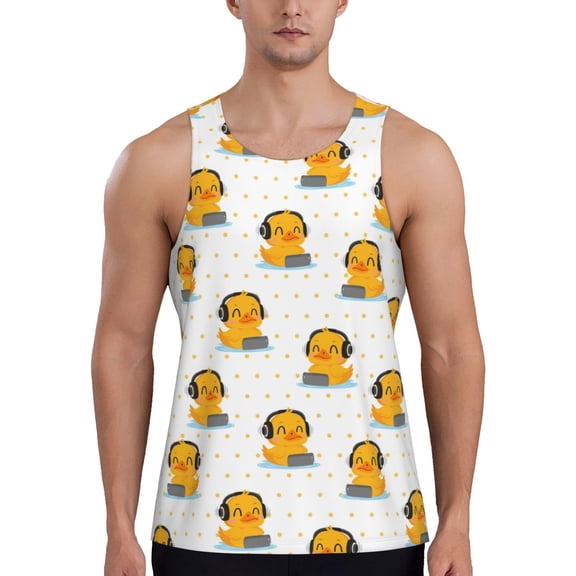 Logiee Cute Duck With Headphone Print Men's Workout Tank Top,Quick Dry Workout Tank Top,Gym Muscle Tee,Fitness Bodybuilding Sleeveless T Shirt-Large