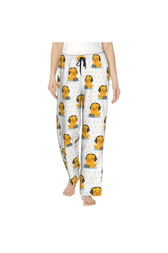Cute Duck With Headphone Print Women Pajama Pants,Comfy Pj Bottom with Pockets & Drawstring,Stretch Casual Sleepwear-Small