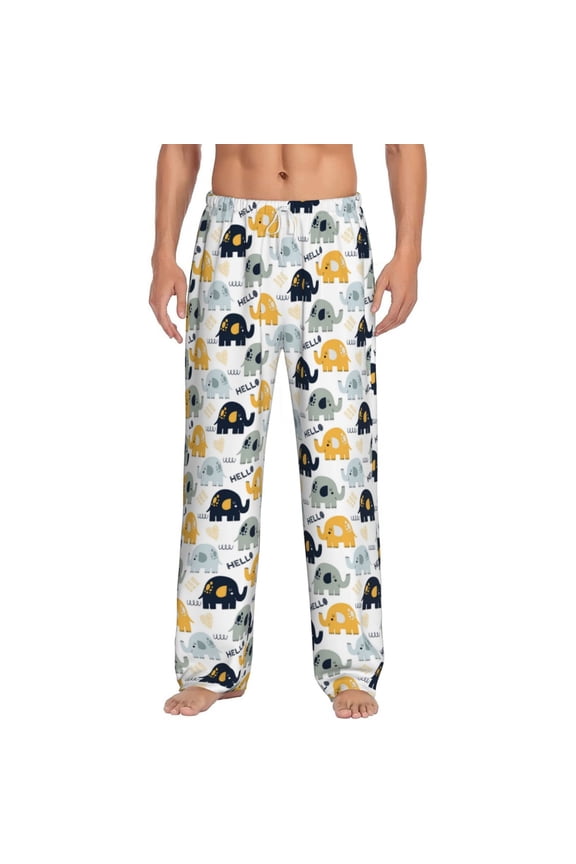 Cute Elephant Print Pajama Pants for Men,Men’s Pajama Bottoms,Mens PJ Pants with Pockets & Button Fly-Large