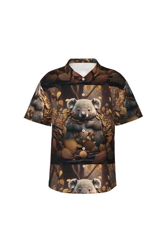 Cute Fallen Leaf Koala Print Mens Hawaiian Shirts,Loose-Fit Short Sleeve Button Down Tropical Aloha Beach Shirt,Summer Vacation Wedding Tops,Small