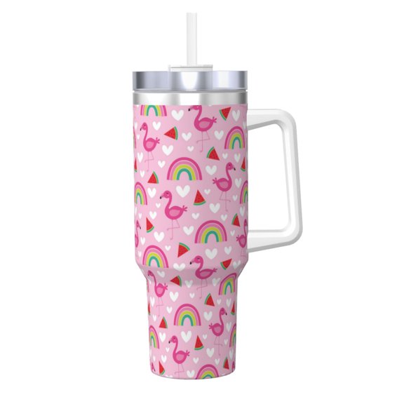 Logiee Cute Flamingo Print 40OZ Ice Bully Cup with Handle and Straw, Double Wall Stainless Steel Tumbler,Travel Coffee Cup with Lid, Summer Insulation and Cooling Cup