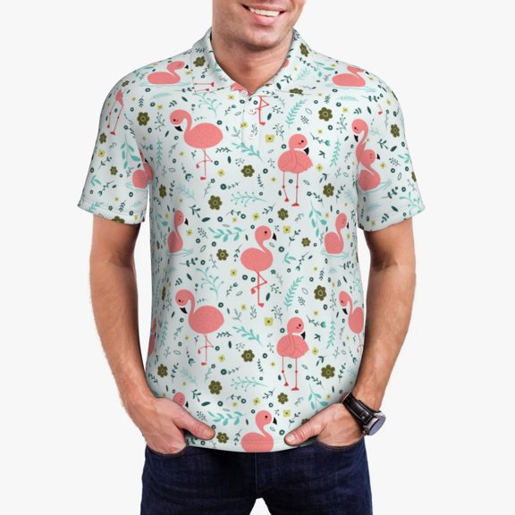 Logiee Cute Flamingo Print Mens Polo Shirts,Mens Golf Polo Shirts,Short Sleeve Casual Polo Shirts for Men,Summer Fashion Beach Shirts-Large