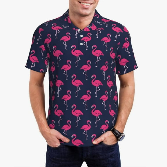 Logiee Cute Flamingo Print Mens Polo Shirts,Mens Golf Polo Shirts,Short Sleeve Casual Polo Shirts for Men,Summer Fashion Beach Shirts-Medium