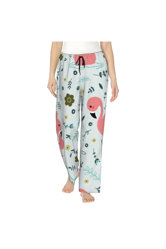 Cute Flamingo Print Women Pajama Pants,Comfy Pj Bottom with Pockets & Drawstring,Stretch Casual Sleepwear-Large