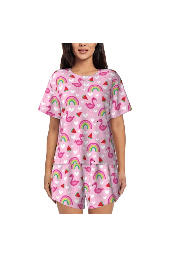 Cute Flamingo Print Womens Pajamas Set,Short-Sleeve Pajama 2 Piece Sleepwear with Pockets-XX-Large