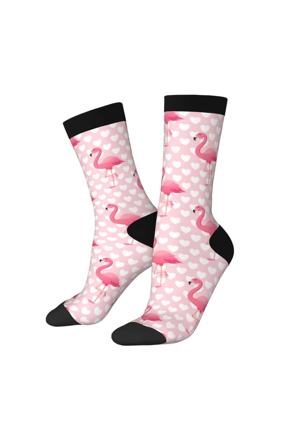 Cute Flamingo with Heart Print Adult Socks for Men & Women,Calf Socks, Ankle Socks,Boots Socks,Breathable Casual Sock,Unisex Crew Socks