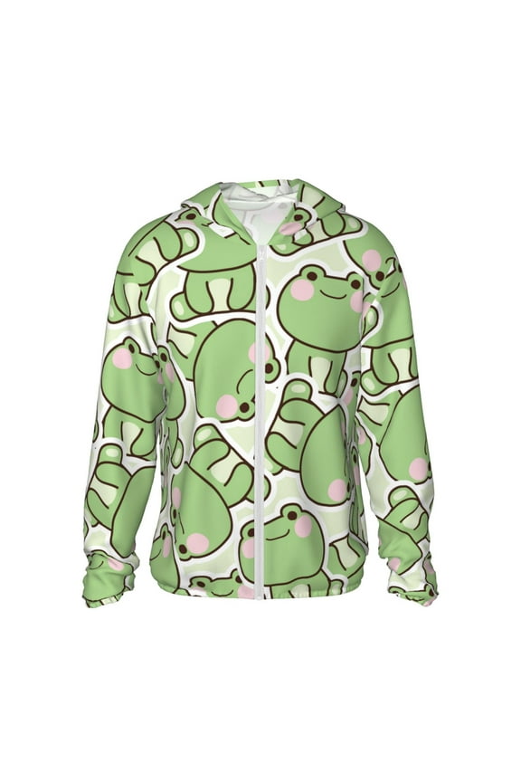 Cute Frog Print Men's Women Light Jacket Full Zip Sun Protection Hoodie Long Sleeve Sun Shirts for Men Hiking Fishing Zip Pockets-3X-Large