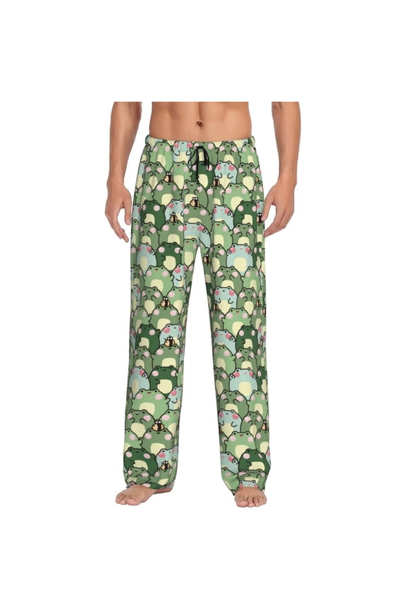 Cute Frog Print Pajama Pants for Men,Men’s Pajama Bottoms,Mens PJ Pants with Pockets & Button Fly-Small