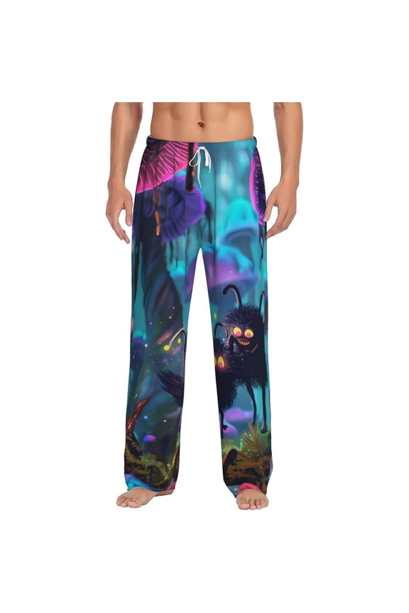 Cute Fuzzy Fantasy Creatures Print Pajama Pants for Men,Men’s Pajama Bottoms,Mens PJ Pants with Pockets & Button Fly-3X-Large