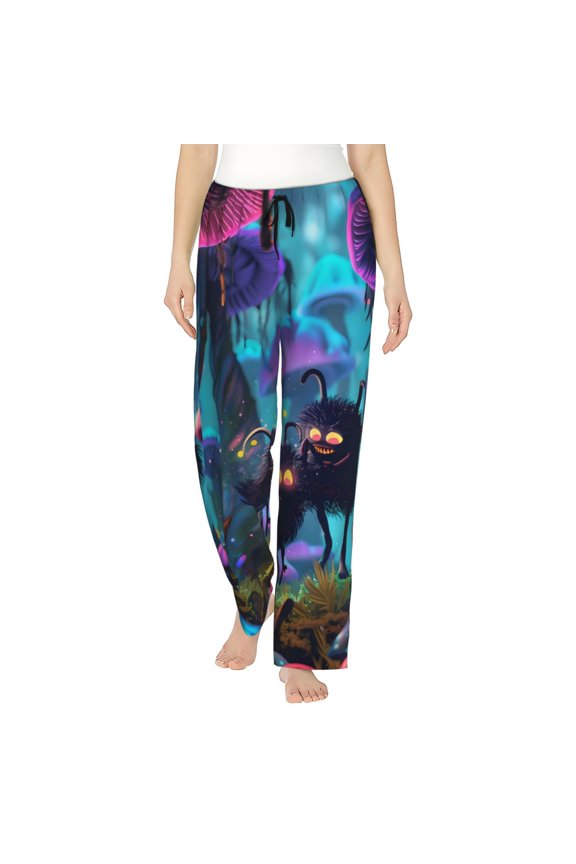 Cute Fuzzy Fantasy Creatures Print Women Pajama Pants,Comfy Pj Bottom with Pockets & Drawstring,Stretch Casual Sleepwear-X-Large